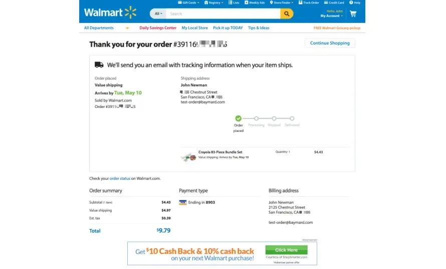 eCommerce Checkout UX - Walmart Order Confirmation